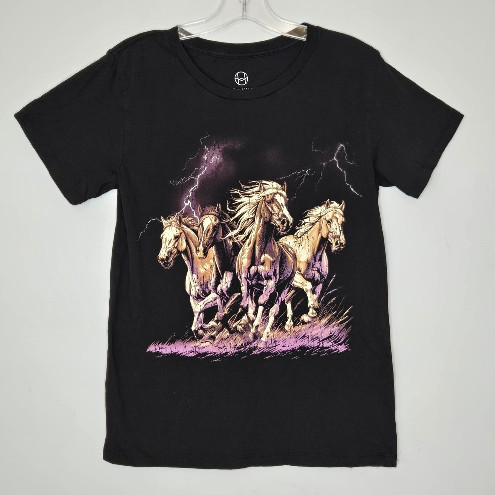 Vintage Style Wild Horses Lightning T-Shirt Black Size M‎ Cotton Western Graphic